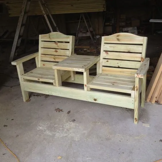 Treated pine double garden seat with two slatted chairs joined by a centre table
