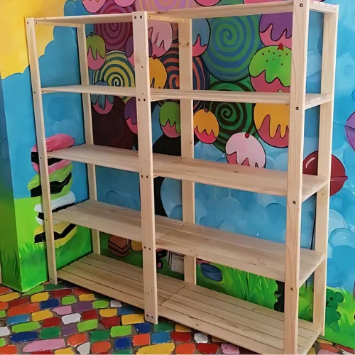 Plain pine freestanding shelving unit with four slatted shelves