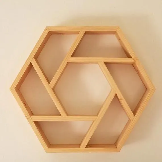 Pine hexagon wall shelf with pinwheel-style dividers