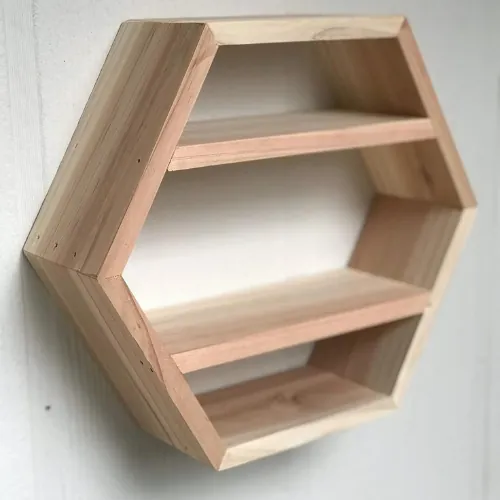 Pine hexagon wall shelf with two inner shelves