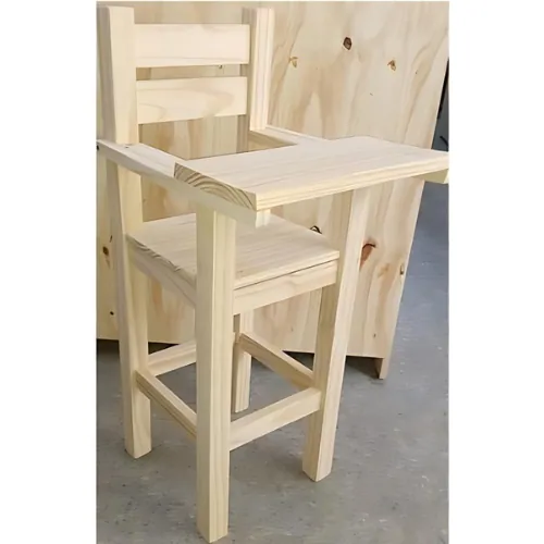 Raw pine child's high chair with a ladder back and fixed tray
