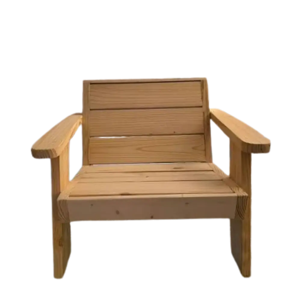 Low pine armchair with slatted back, slatted seat and wide flat armrests