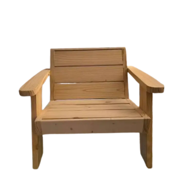 Low pine armchair with slatted back, slatted seat and wide flat armrests