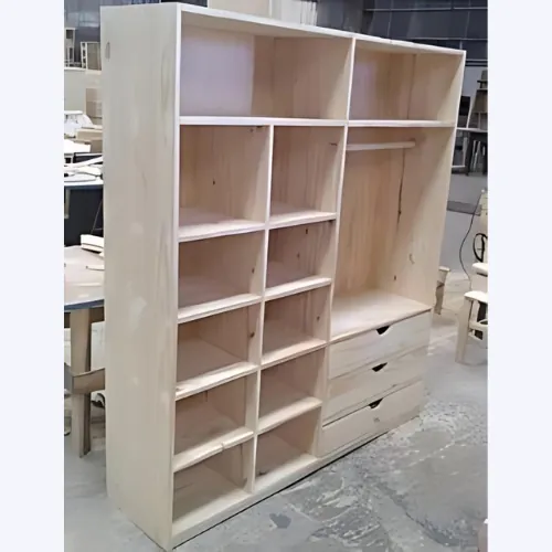 Unfinished pine open wardrobe with cubby shelves, hanging rail and three drawers