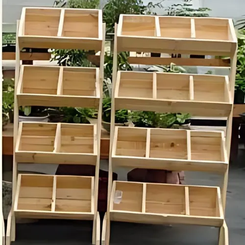 Pair of pine tiered display racks with divided trays