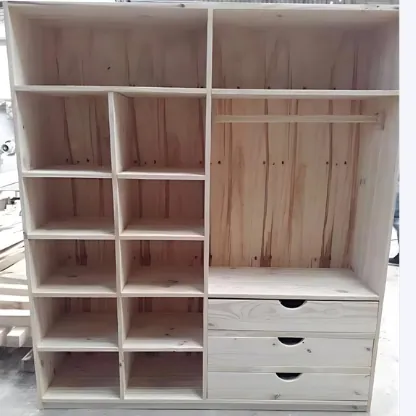 Unfinished pine open wardrobe with cubby shelves, hanging rail and three drawers