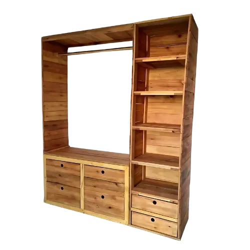 Rustic stained wood open wardrobe with hanging rail, shelf tower and drawers