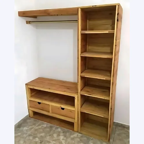 Rustic timber open wardrobe with hanging rail, tall shelves and two drawers