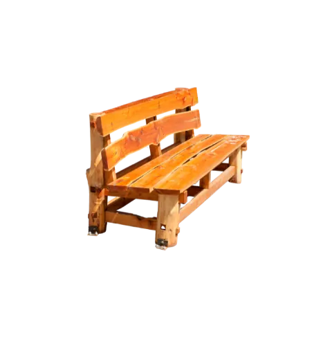 Rustic garden bench in orange varnished timber with curved slatted backrest