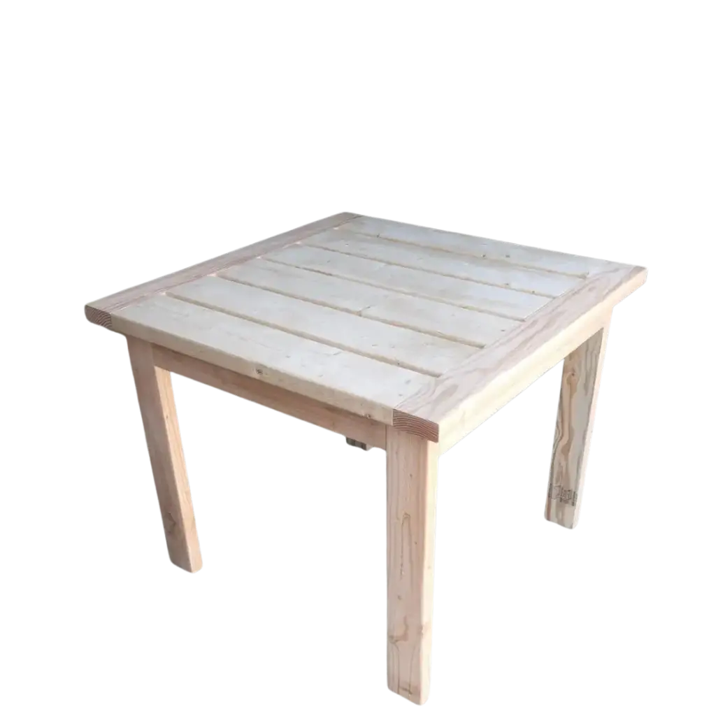 Square raw pine table with plank top, breadboard edges and straight legs