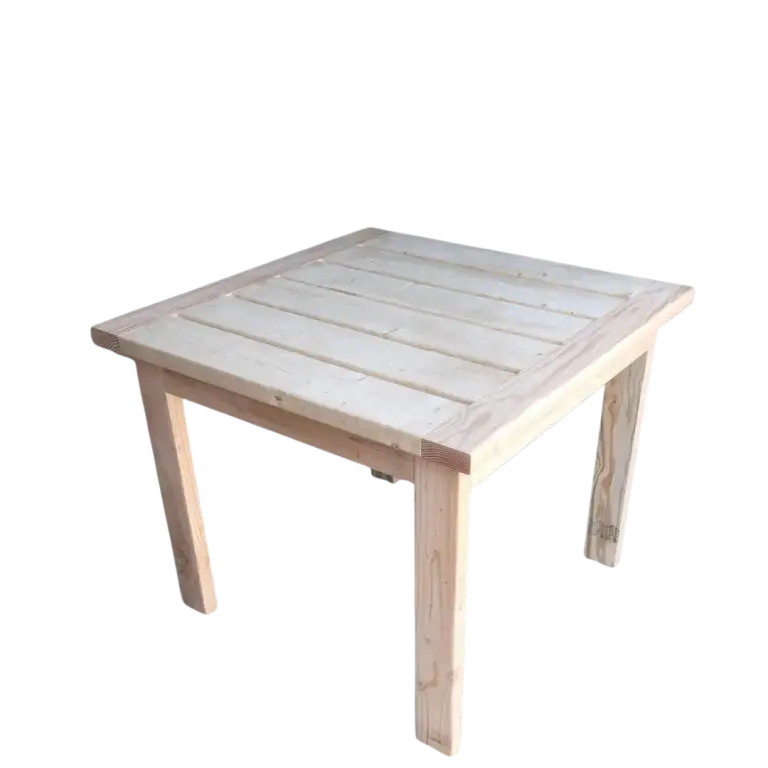 Square raw pine table with plank top, breadboard edges and straight legs